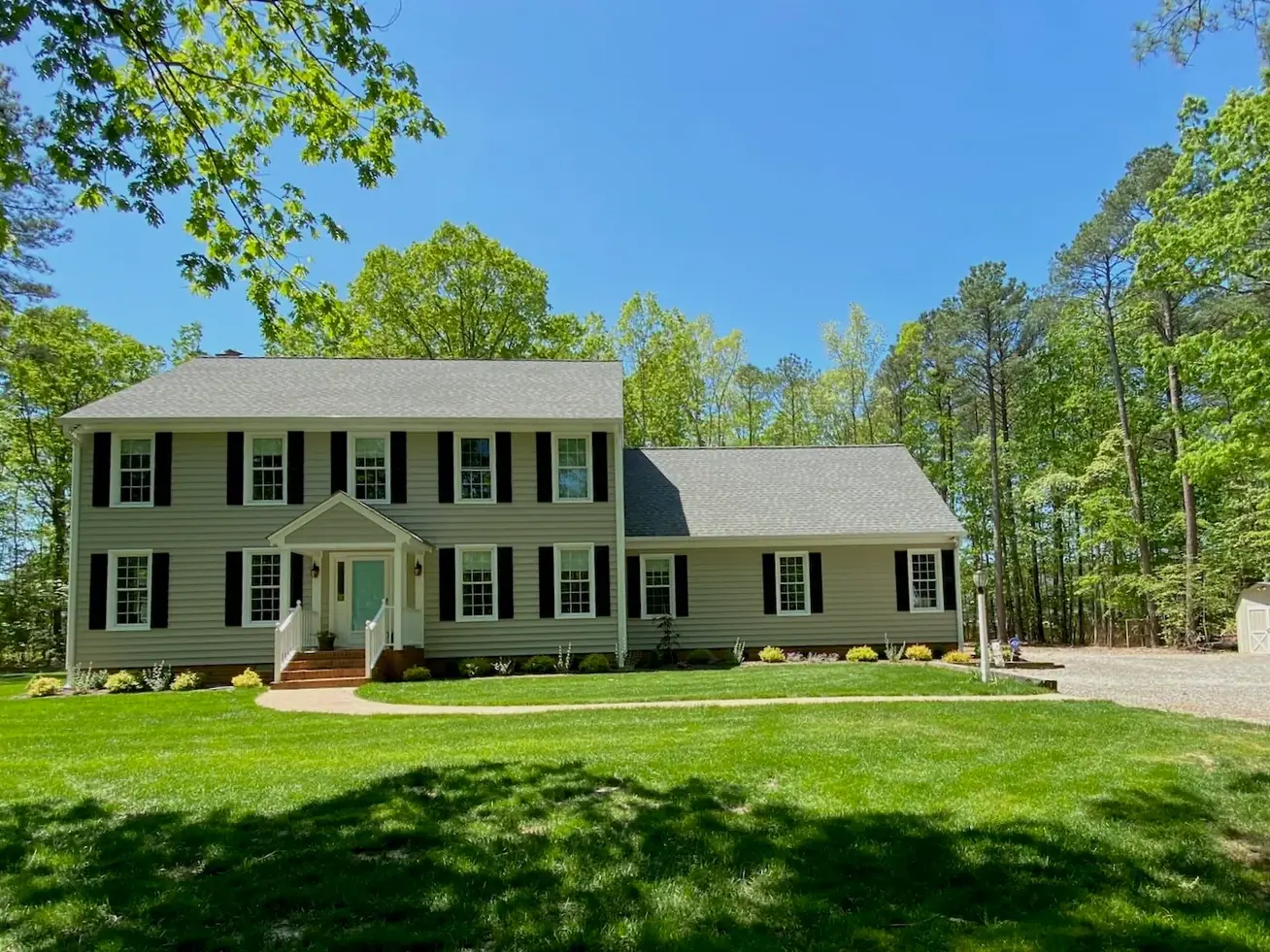Finished lawn and landscaped front yard at the Hames property