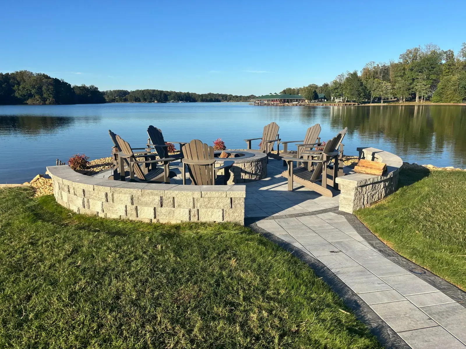 Fire Pit: Lakeside fire pit, seating wall and walkway