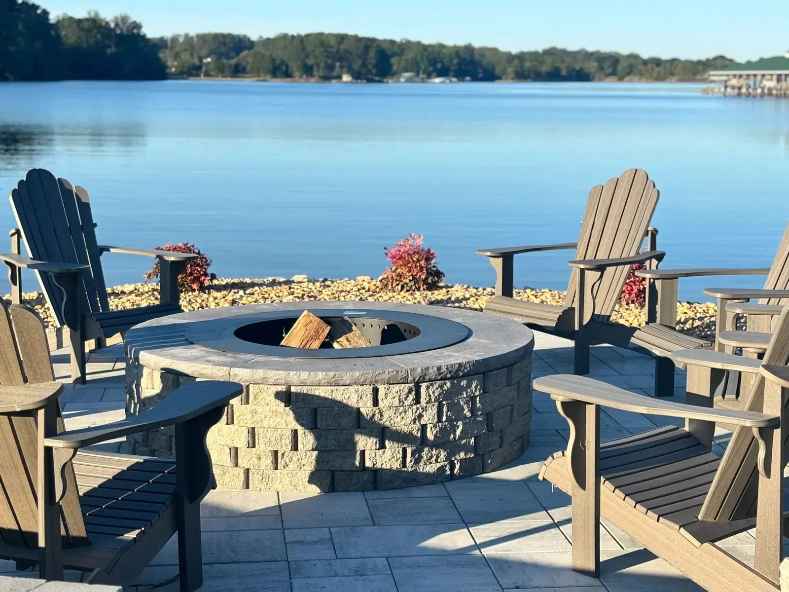 Stone fire pit with lake views