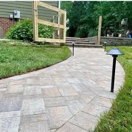Hardscapes with Steps: Curved paver walkway with path lights