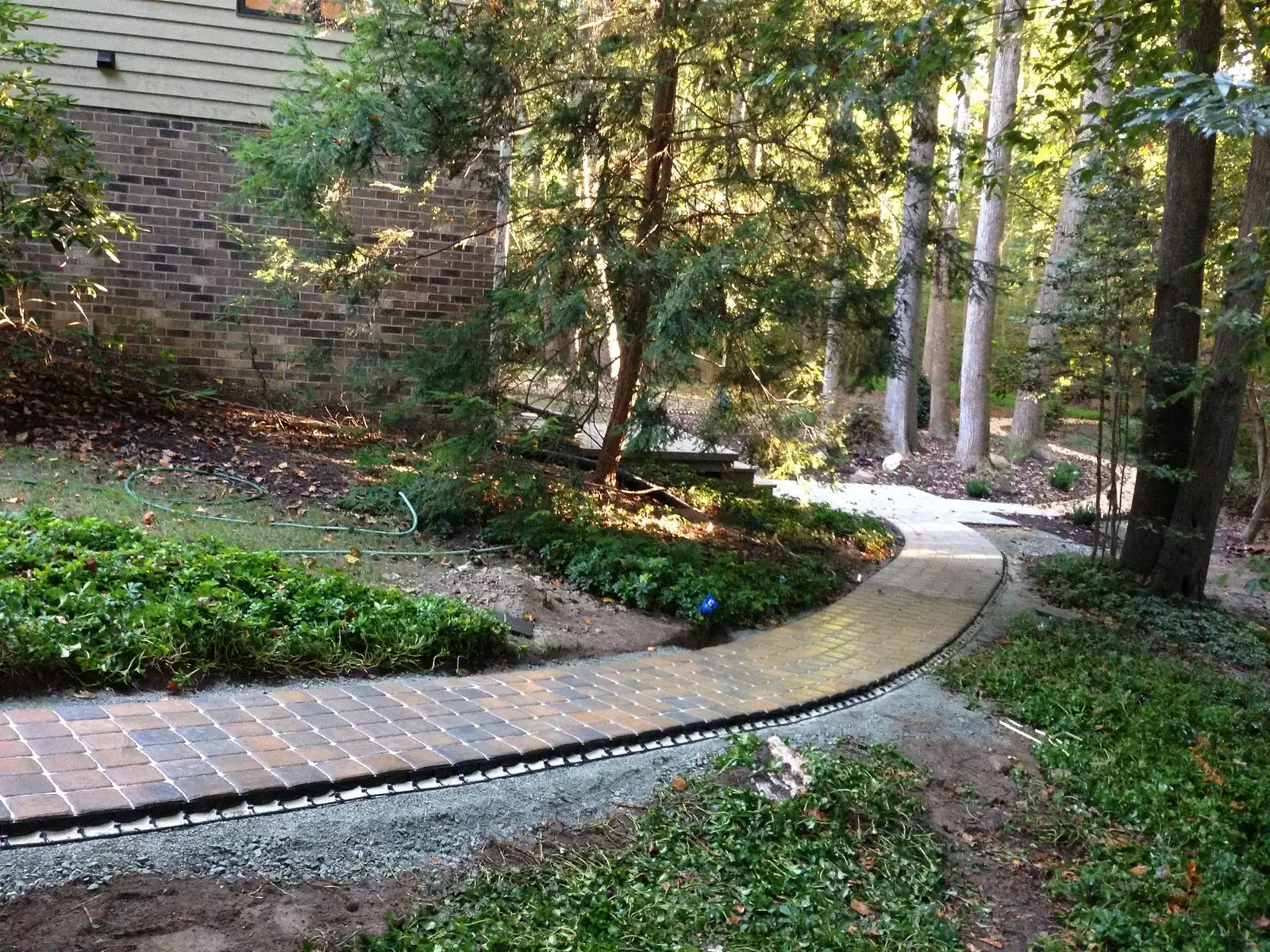 Paver walkway through a wooded garden